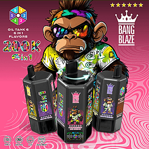 Cartoon monkey in a rainbow headband and sunglasses stands above black vape tanks with labels on a Bang Blaze background.