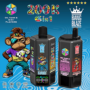 Cartoon monkey in sunglasses stands beside two black Bang Blaze vape bottles, 6 in 1 flavors, with blueberry and watermelon.