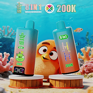 Two gradient vape bottles labeled 8 in 1 and 200K stand on pedestals with a yellow chick between them, against a coral reef.