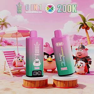 Two pink gradient vape bottles labeled 8 in 1 and 200K stand on wooden pedestals on a beach, with Angry Birds characters in the background.