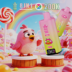 Pink fluffy chick on a wooden pedestal beside two pink-to-yellow 8 in 1 vape bottles in a candy-colored rainbowland.