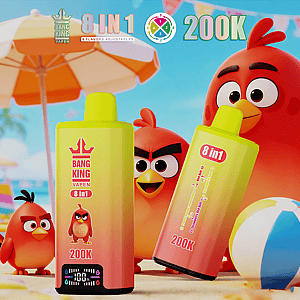 Two gradient yellow-to-pink vape bottles labeled 8 in 1 and 200K with Bang King Vapen branding, flanked by Angry Birds on a sunny beach.