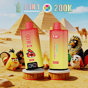 Two gradient red-to-yellow vape bottles labeled 8 in 1 and 200K stand on pedestals in a desert with pyramids, camels, and cartoon birds.