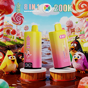 Two yellow gradient Bang King Vape 8 in 1 bottles on wooden pedestals in a candyland with colorful birds and giant lollipops.