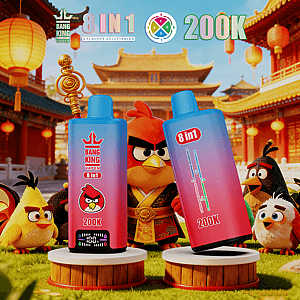 Two vape bottles labeled Bang King 8 in 1 and 200K stand on pedestals, with Angry Birds characters and a temple backdrop.