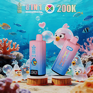 Two gradient pink-to-blue Bang King vape devices on wooden pedestals underwater among coral and fish, advertising 8 in 1 and 200K.