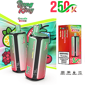 Two gradient pink-to-green Quads 4-in-1 vape devices with a bright product box against a colorful background.