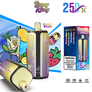 Quads 4-in-1 disposable vape kit by Bang King, featuring a gradient yellow-to-purple device and matching packaging.