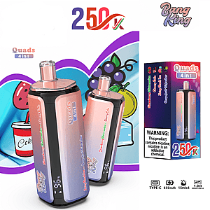 Two gradient pink-to-purple vape devices in front of colorful Quads 4 in 1 packaging with a product box.