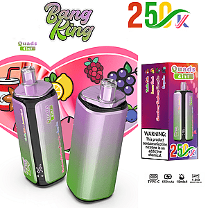 Two purple-to-green gradient vape pens in front of a pink fruit-heart background with a Quads 4 in 1 box on the right.