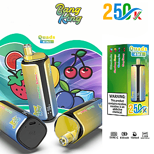 Colorful Bang King Quads 4 in 1 disposable vape devices and packaging, with fruit graphics and a vibrant background.