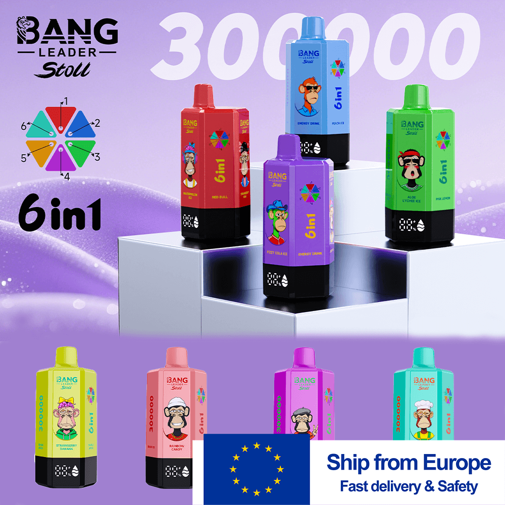 Coloridas botellas de bebidas energéticas 6 en 1 con caras de dibujos animados sobre un fondo morado, además de una rueda de colores y un cartel de envío a Europa.