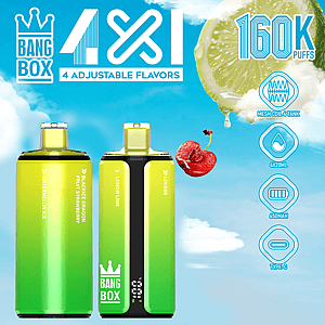 Levendige blauwe luchtachtergrond met twee groene en gele Bang Box-vape-apparaten, labels met fruitsmaken en pictogrammen aan de rechterkant met 160K soezen, mesh-spoel, 4x20ml, 650mAh en Type-C.