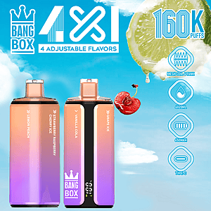 Vier gradiënt-vape-apparaten met de smaken Lemon Peach, Strawberry Raspberry, Vanilla Cola en Grapefruit Ice, tegen een blauwe hemelachtergrond met productspecificaties aan de rechterkant.