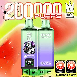 Deux appareils de vape sur un fond dégradé coloré avec le texte “ 2000 PUFFS ”, la bouteille de gauche montrant l'étiquette et un bouchon, la bouteille de droite étiquetée 8 en 1 200K PUFFS, avec des étiquettes de saveur et des icônes de cadran de saveur réglables en bas à droite.