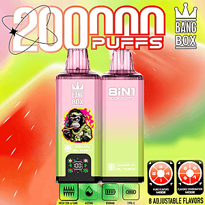 Deux appareils de vape roses étiquetés Bang Box 8IN1 Puffs, avec un fond dégradé coloré et le texte 2000 Puffs;. Les caractéristiques comprennent un autocollant de singe de dessin animé et des icônes de modes de saveur réglables en bas à droite.