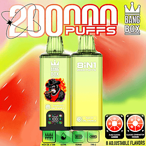 Deux appareils de vape verts étiquetés Bang Box avec un fond dégradé coloré et un texte en gras “ 2000 PUFFS ” ;, un appareil comporte un graphique de gorille enflammé et des étiquettes de saveur, avec deux petits indicateurs à cadran affichant 8 saveurs réglables sur la droite.