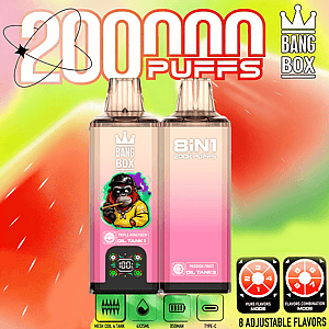 Deux bouteilles d'huile de vape roses avec des étiquettes dégradées, à gauche avec un personnage de dessin animé, à droite étiquetées “ 8IN1 200K PUFFS ”, sur un fond abstrait coloré avec un en-tête “ 200K PUFFS ” et des icônes de saveur réglables en bas.