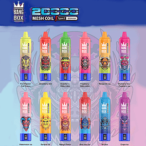 Two rows of colorful Bang Box vape bottles with monster-themed artwork, set against a blue-to-pink gradient background.
