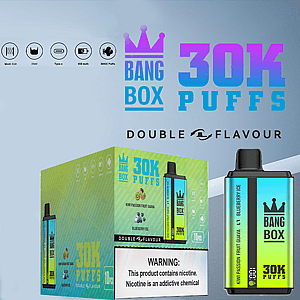Paquete de vapeo Bang Box 30K Puffs con diseño degradado azul-verde y sabores duales Kiwi Passion Fruit Guava y Blueberry Ice, con advertencia de nicotina.