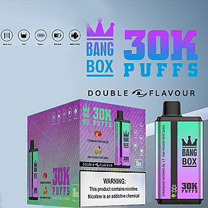 Vape desechable Bang Box 30K Puffs con empaque azul violeta degradado y advertencia de nicotina.