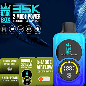 Blue Bang Box Vape-Gerät mit schwarzem Mundstück, kreisförmigem Display mit gelbem Ring und Logo auf dunkelblauem Hintergrund.