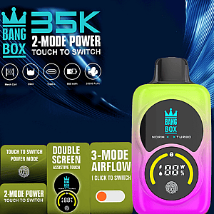 Bang Box Vape mit Neon-Farbverlaufskörper und kreisförmigem Display, beworben als 2-Modus-Power und 3-Modus-Luftstrom mit Touch-to-Switch.