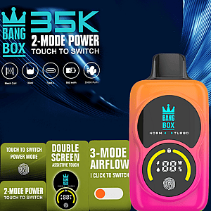 Pink Bang Box Vape Mod mit Kronenlogo und rundem Display; Werbetafeln heben die 2-Modus-Leistung und den 3-Modus-Luftstrom hervor.
