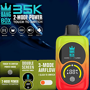 Bang Box Vape-Gerät in einem gelb-orangen Farbverlauf mit Kronenlogo, großem Display und Funktionskarten für 2-Modus-Leistung und 3-Modus-Luftstrom.