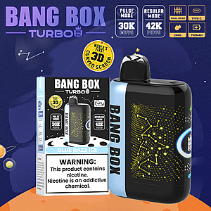 Bang Box Turbo-vape in zwart en blauw met blauwe razz-ijssmaak, weergegeven met doos en 30k/42k-bladernoten.