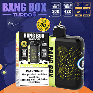 Bang Box Turbo-vape met limoenbessen-sinaasappelsmaak; zwart-groen apparaat en verpakking tonen 30K-puls- en 42K-bladerdeegmodi.