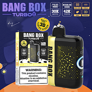 Bang Box Turbo wegwerpvape met een zwart-gele behuizing en een 3D-gebogen scherm, afgebeeld met de Mexico Mango-smaakdoos.