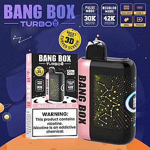 Bang Box Turbo watermeloen-ijsvape met een zwart-roze apparaat met een gebogen 3D-scherm, afgebeeld naast de verpakking.