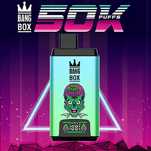 Turquoise Bang Box vape device with a black mouthpiece and a Mars Attacks alien graphic on the front, set against a purple neon backdrop.