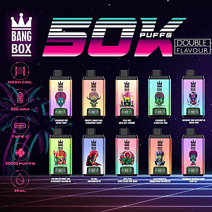 Bright neon Bang Box advertisement showing ten gradient disposable vape pods with a Double Flavour label on a starry background.