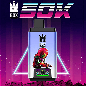 Bang Box vape device with crown logo, purple body, red alien graphic, a digital display, against a retro background