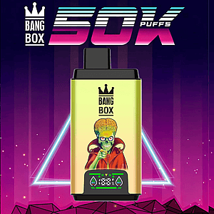 Bang Box 50K Puffs vape device with lime-yellow body and zombie-brain artwork, set against a purple neon retro background.