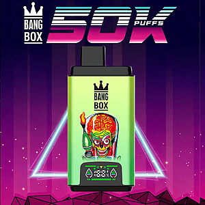Green vape bottle with black top, Bang Box logo and 50K Puffs, featuring a colorful brain graphic on neon purple background.