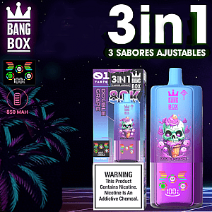 Bright purple-pink vape bottle and boxed packaging with a skull ice-cream design, "3 in 1" text, Bang Box branding, warning label, and tropical night background.