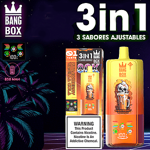 Three-in-one Bang Box vape bottle and packaging with a “3in1 3 sabores ajustables” label, strawberry banana flavor, warning label, neon starry background.