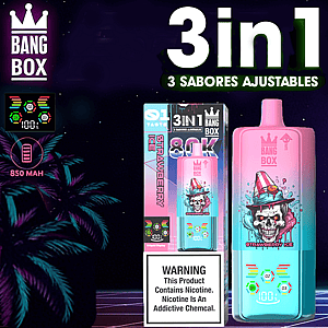 Bulky purple and blue vape package with skull artwork, pink bottle labeled Bang Box 3in1 Strawberry Ice, box beside it, tropical leaves on left, “3in1” text at top and nicotine warning at bottom.