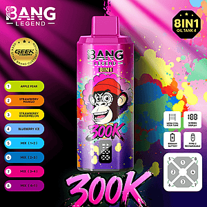 Bright Bang Legend 8IN1 oil tank promo with a pink bottle and cartoon monkey, colorful splash background, left flavor list.