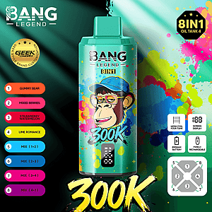 Turquoise Bang Legend 8in1 bottle amid colorful paint splashes; left flavors gummy bear and lime romance, with 300K label.