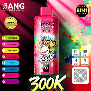 Pink Bang Legend 8IN1 oil tank bottle featuring a cartoon monkey in goggles against a colorful graffiti background, with flavor options listed on the left.