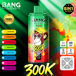 Bright green Bang Legend 8IN1 bottle with 300K label, set against a colorful splash background and a left-side flavor list.