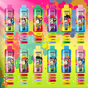 Colorful collage of Bang Legend 8in1 energy drink cans with cartoon monkey mascots, each can a different color and flavor.