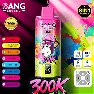 Colorful Bang Legend 8IN1 can with pink gorilla, paint splashes, eight flavor labels on the left, and 300K at the bottom.
