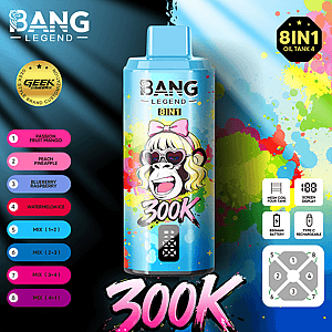 Bright blue Bang Legend 8IN1 energy drink bottle with a cartoon monkey in sunglasses against paint splatters and 300K.