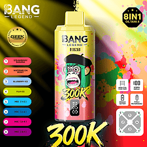 Vibrant Bang Legend 8IN1 vape can with multicolor splash design, 300K label, and flavor list on the left.