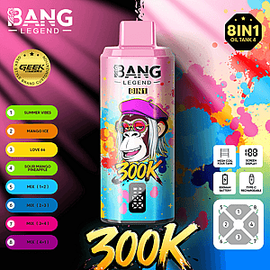 Bright promotional image of a pink Bang Legend 8IN1 vape can with graffiti artwork, 300K text, and an eight-flavor list on the left.